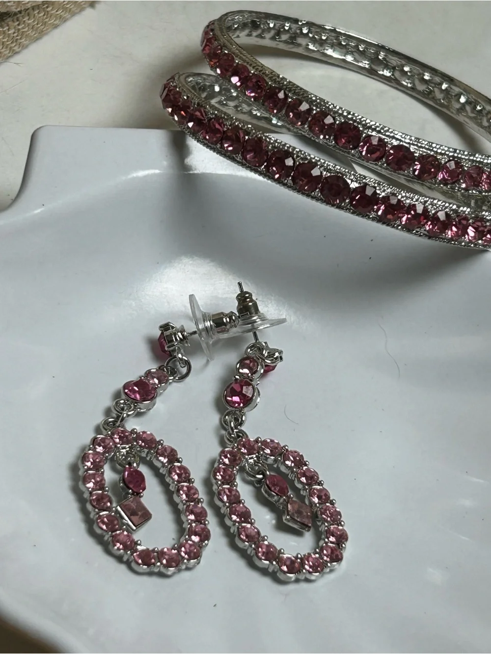 Pink Crystal Drop Earrings and Bangle Set
